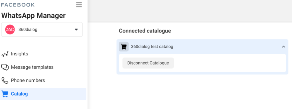 Image of connecting a catalog via 360dialog in Business Manager.