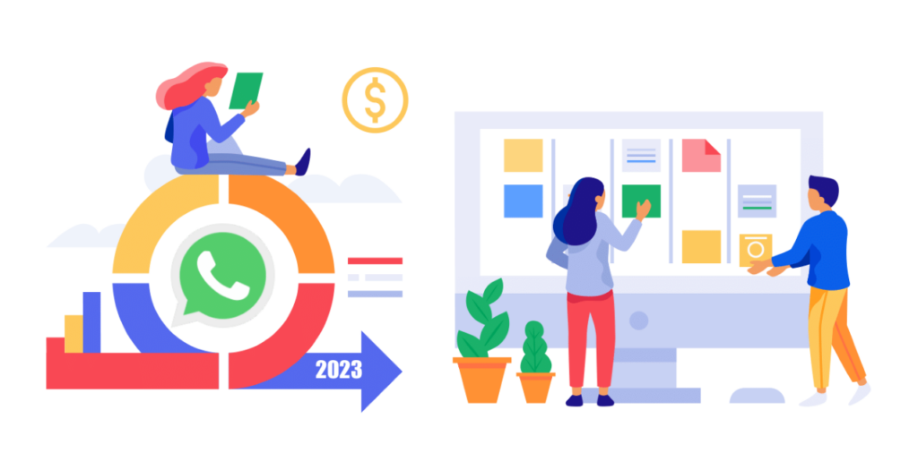 New WhatsApp Conversation-Based Pricing and Categories in 2023 Illustration of team explaining new WhatsApp conversation-based pricing and categories.
