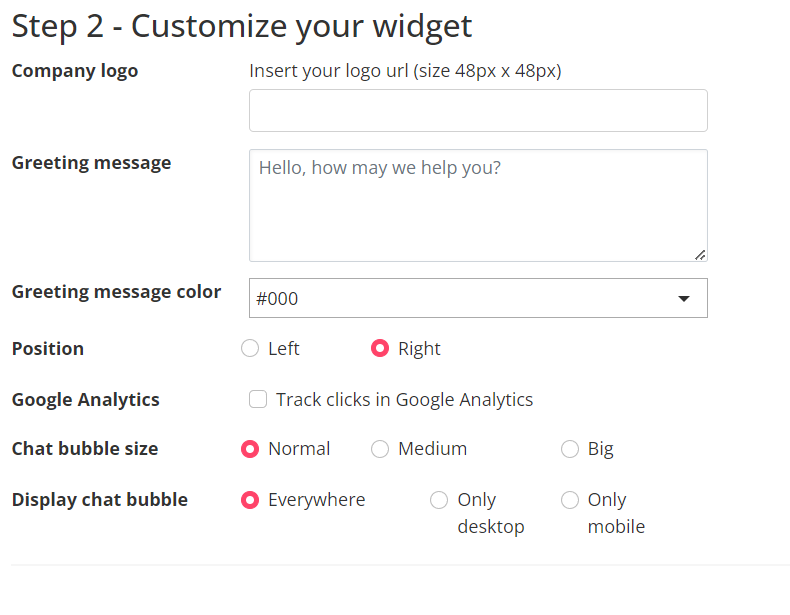 Adding WhatsApp to your website – the perfect guide for WhatsApp API users Second step of creating a WhatsApp chat widget on 360dialog.