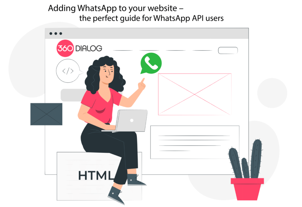 Illustration of woman building a page and adding WhatsApp to your website.