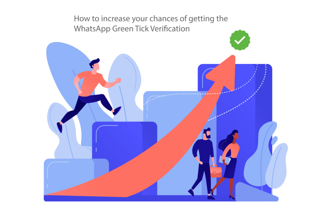 Illustration of man running up towards a WhatsApp Green Tick Verification badge.
