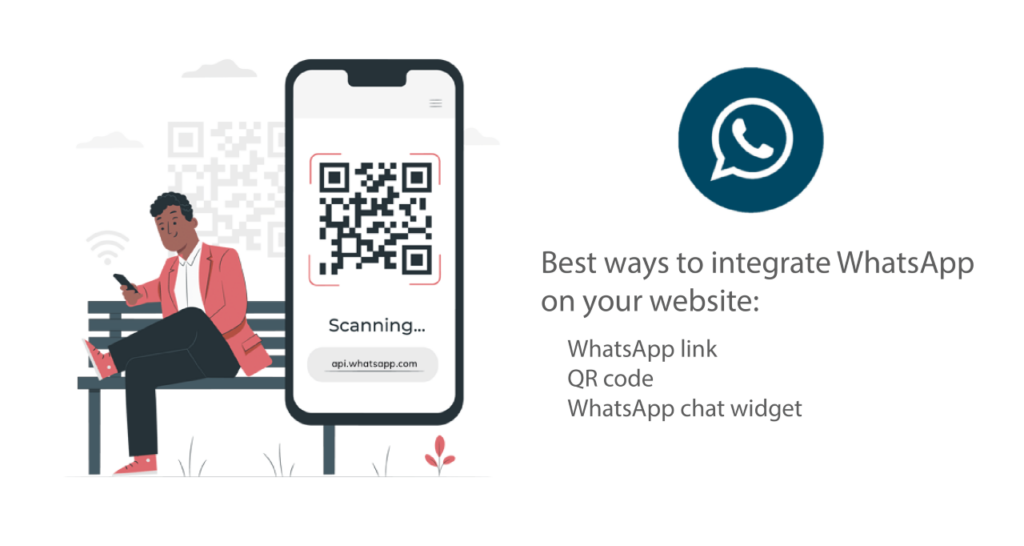 Adding WhatsApp to your website – the perfect guide for WhatsApp API users Illustration of man on bench looking at WhatsApp chat QR code - one of the ways to integrate WhatsApp on your website.