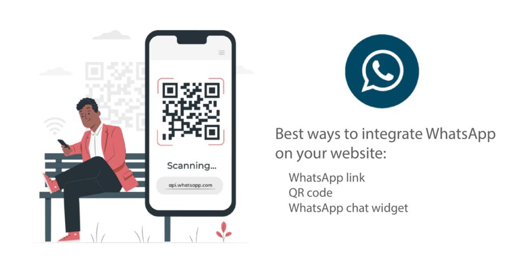 Illustration of man on bench looking at WhatsApp chat QR code - one of the ways to integrate WhatsApp on your website.