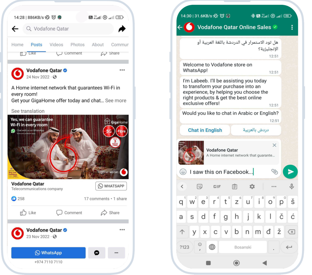 Vodafone Qatar ran click to whatsapp ads with the help of 360dialog and won the pick of the quarter by campaign ME